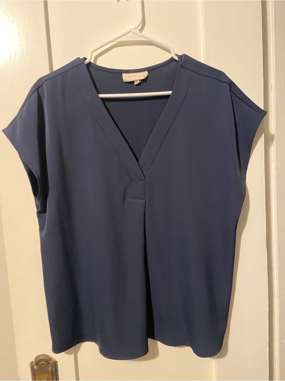 Melloday Navy Blue Short Sleeve V-Neck Blouse Size Large